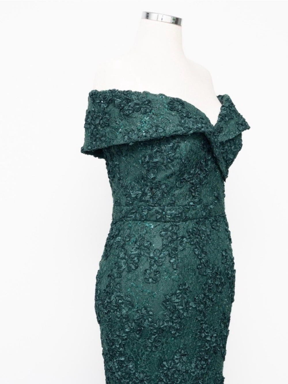 Xscape Off-Shoulder Teal Lace Evening Gown - Picture 10 of 14